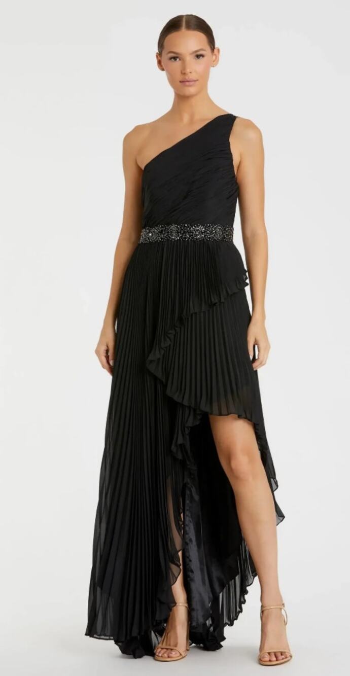Mac Duggal Black Pleated One Shoulder Asymmetrical Ruffle Gown, Size 12 NWT